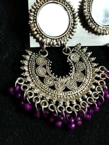 Oxidized Silver Jhumka Earrings with Purple Beads