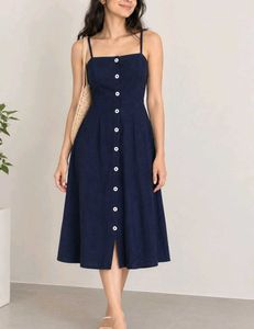 Navy Blue Button-Front Midi Dress