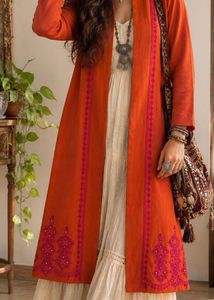Rust Orange Knee-Length Embroidered Shrug