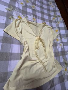 Light Yellow Lace Trim V-Neck Top