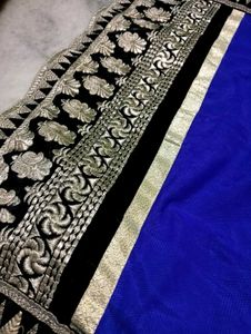 Elegant Embroidered Black &amp; Blue Saree