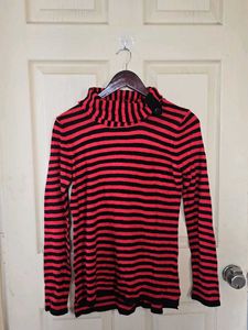 Striped Turtleneck Top with Button Detail