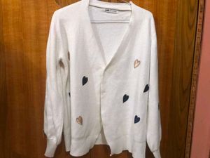 White Cardigan with Heart Appliques