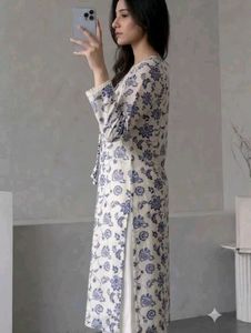 Blue Floral Print Kurta with Lace Detail