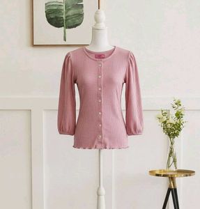 Dusty Pink Ribbed Button-Down Top -
