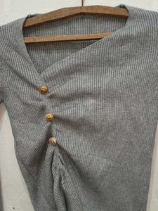 Grey Ribbed Button Detail Sweater
