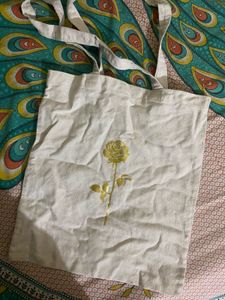 Cream Tote Bag with Gold Rose