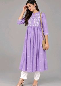Lavender Embroidered Flared Kurta