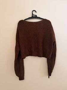 Brown Cropped Cardigan with Flower Embellishment