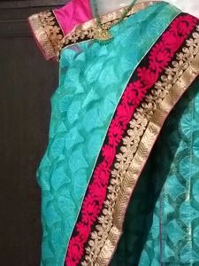 GentlyUsed BeautifulCyanEmbroidered Saree+Blouse