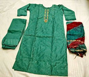 Maslin material Green Kurta Set with Dupatta