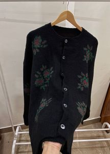 Oversized Black Flower Pattern Knit Cardigan
