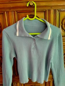 Blue Cropped Polo Knit Top