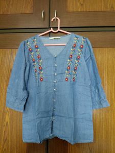 Embroidered V-neck Denim Top