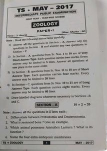 Zoology Intermediate First Year Test papers