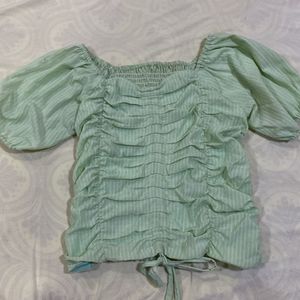 Mint Green Ruched Puff Sleeve Top