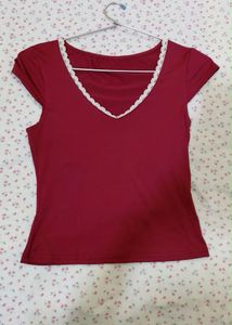 Savana Maroon V-Neck Lace Trim Top