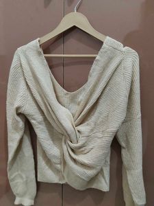 Cream Knit Twist Front Sweater