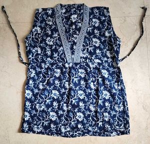 Adjustable Blue Floral Print Cotton Shirt Kurta