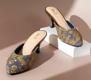 Sparkling Pointed Navy Toe Mules