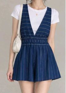 Pull&amp;Bear Navy Pinstripe V-Neck Romper