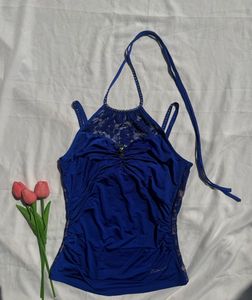 Royal Blue Halter Neck Lace Trim Top