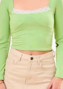 Lime Green Lace Trim Long Sleeve Top