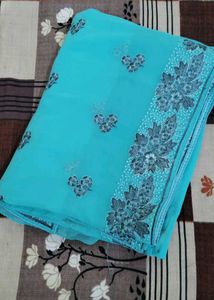 Beautiful Teal Saree with Floral Embroidery
