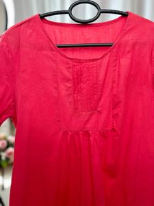 Vibrant Red Cotton Kurti with Lace Detail