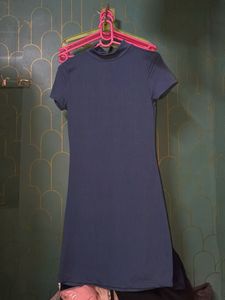 Navy Blue Ribbed Mock Neck Dress