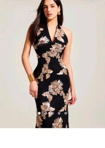 Elegant Black Floral Halter Maxi Dress