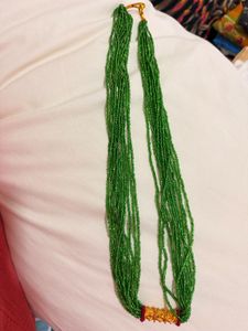Green Beaded Necklace with Gold Accent