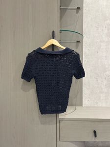 Navy Blue Crochet Polo Top