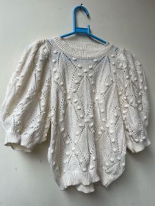 Cream Textured Puff Sleeve Sweater