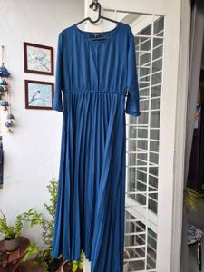 Elegant Blue Pleated Dress, With Belt