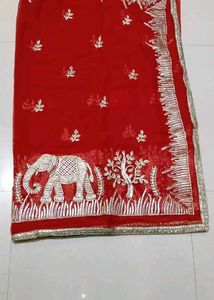 Red Saree with Elephant &amp; Tree Embroidery