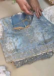 Elegant Grey-Blue &amp; Ivory Embroidered Saree.