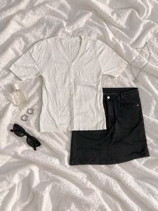 White V-Neck Ribbed Button-Up Top
