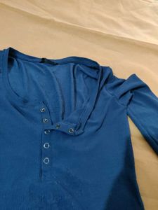 Blue Ribbed Henley Long Sleeve Top