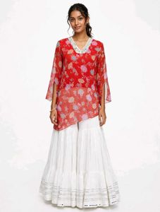 Red Chiffon Floral Asymmetric Top with Lycra Linin