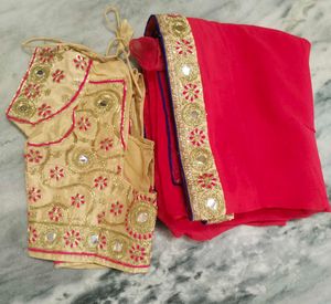 Rose Pink &amp; Gold Embroidered Saree with Blouse
