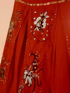 Red Ethnic skirt with Floral Handpaint