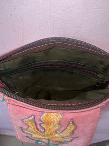 Boho Pink Embroidered Fringed Sling Bag