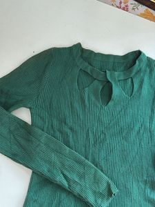 Green Ribbed Cut-Out Sweater