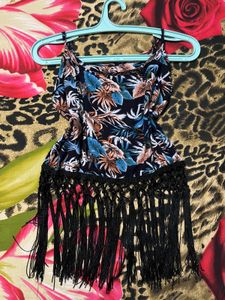 Boho Tropical Print Fringe Cami Top