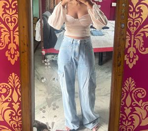 Savana Light Wash Wide Leg Cargo Jeans
