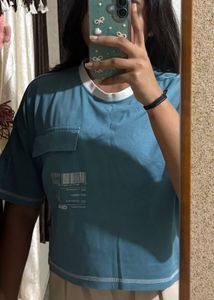 Casual Blue Crop Top with Pocket