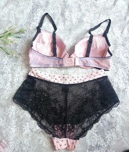 Lace Trim Pink Bra and Black Panty Set