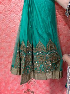 Green Heavy Skirt With Golden Cut Top