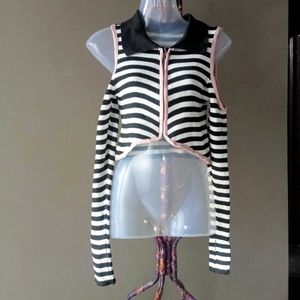 Striped Cold Shoulder Cropped Cardigan